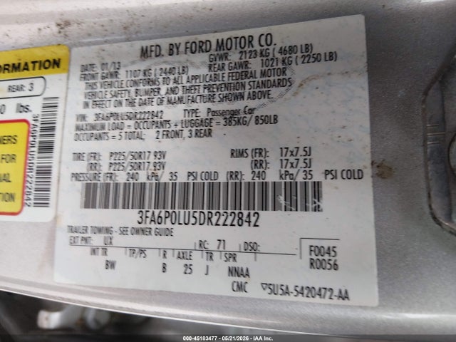 Продажа на аукционе авто 2013 Ford Fusion Hybrid Se, vin: 3FA6P0LU5DR222842, номер лота: 45183477