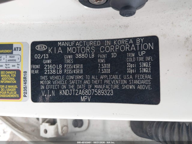 45183481 :رقم المزاد ، KNDJT2A68D7589323 vin ، 2013 Kia Soul ! مزاد بيع