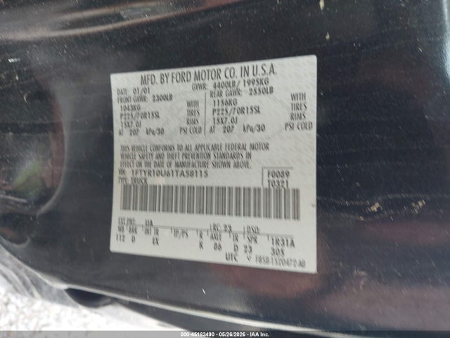 45183490 :رقم المزاد ، 1FTYR10U61TA58115 vin ، 2001 Ford Ranger Edge/xl/xlt مزاد بيع