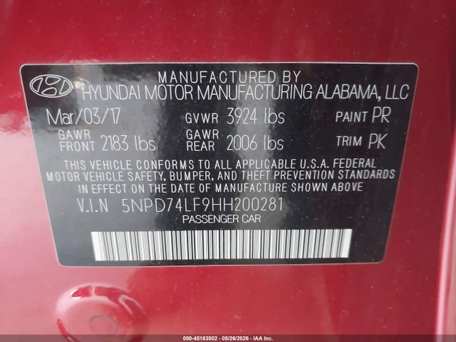 Aukcja sprzedaży 2017 Hyundai Elantra Se, vin: 5NPD74LF9HH200281, numer aukcji: 45183502