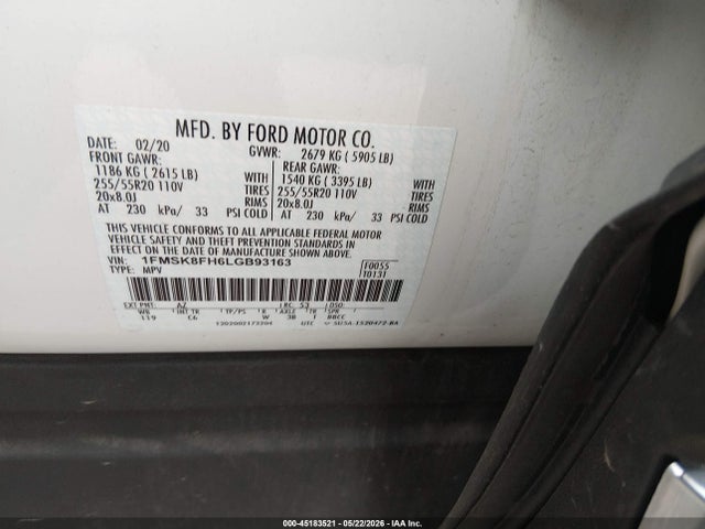 45183521 :رقم المزاد ، 1FMSK8FH6LGB93163 vin ، 2020 Ford Explorer Limited مزاد بيع