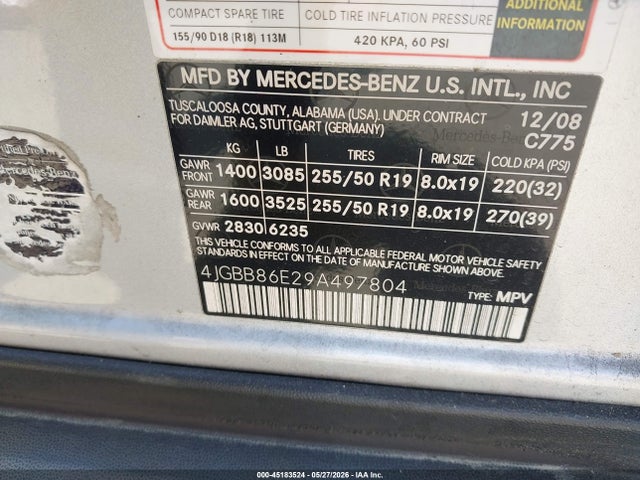 Aukcja sprzedaży 2009 Mercedes-benz Ml 350 4matic, vin: 4JGBB86E29A497804, numer aukcji: 45183524