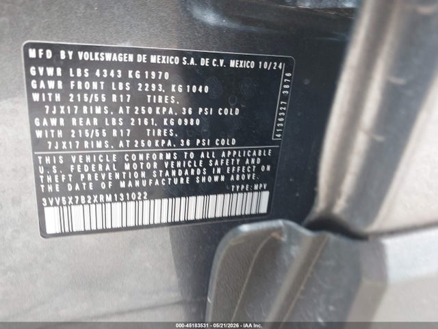 2024 Volkswagen Taos 1.5t S მანქანა იყიდება აუქციონზე, vin: 3VV5X7B2XRM131022, აუქციონის ნომერი: 45183531