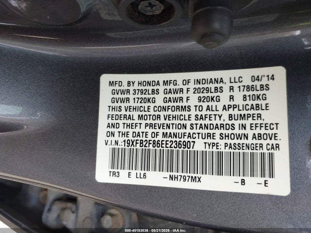 2014 Honda Civic Ex მანქანა იყიდება აუქციონზე, vin: 19XFB2F86EE236907, აუქციონის ნომერი: 45183536