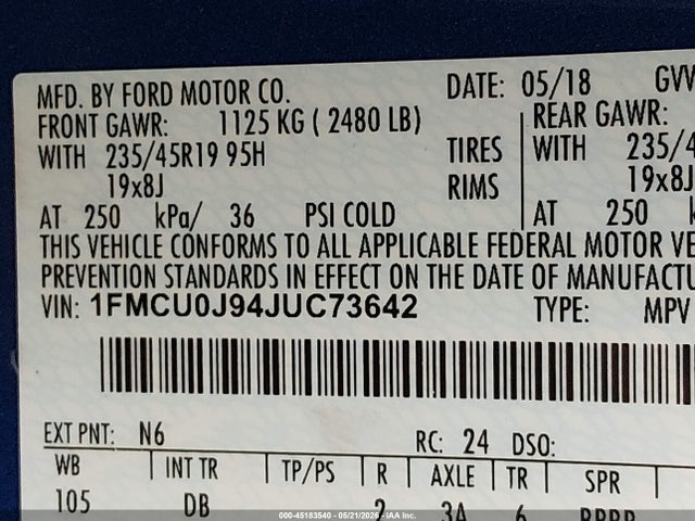 Aukcja sprzedaży 2018 Ford Escape Titanium, vin: 1FMCU0J94JUC73642, numer aukcji: 45183540