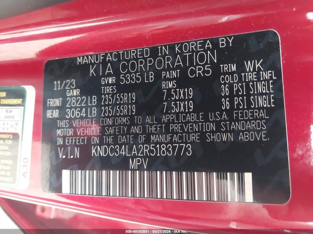 Продажа на аукционе авто 2024 Kia Ev6 Wind, vin: KNDC34LA2R5183773, номер лота: 45183551