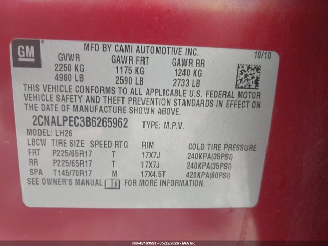 45183553 :رقم المزاد ، 2CNALPEC3B6265962 vin ، 2011 Chevrolet Equinox 2lt مزاد بيع