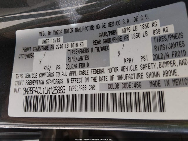 Auction sale of the 2020 Mazda Mazda3 Select Package, vin: 3MZBPACL1LM126883, lot number: 45183554