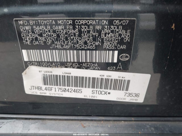 45183575 :رقم المزاد ، JTHBL46F175042465 vin ، 2007 Lexus Ls 460 مزاد بيع