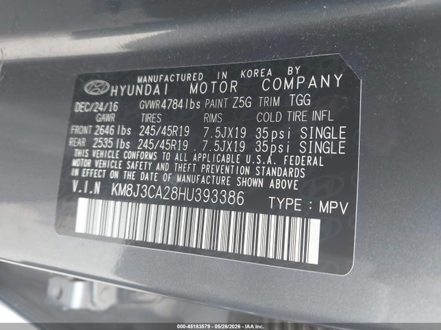 45183579 :رقم المزاد ، KM8J3CA28HU393386 vin ، 2017 Hyundai Tucson Sport مزاد بيع