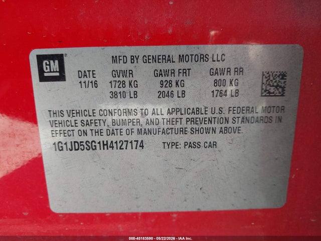 Chevrolet Sonic Lt Auto 2017 1G1JD5SG1H4127174 Image 9