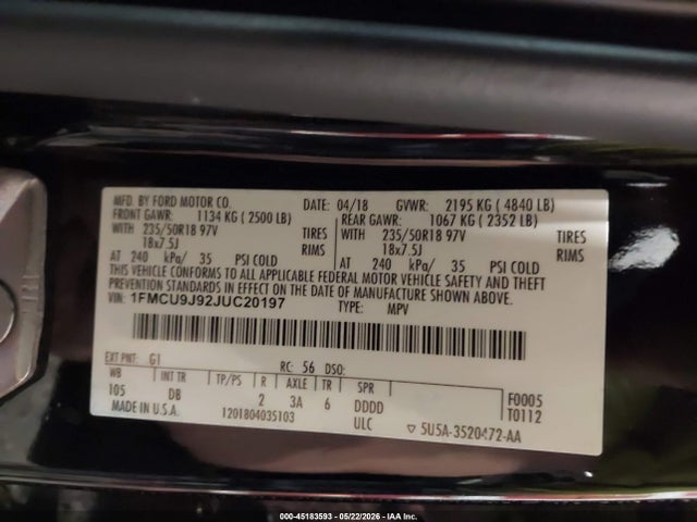 Aukcja sprzedaży 2018 Ford Escape Titanium, vin: 1FMCU9J92JUC20197, numer aukcji: 45183593