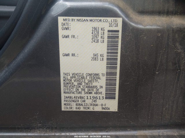 Продаж на аукціоні авто 2019 Nissan Altima 2.5 Sl, vin: 1N4BL4EV8KC119613, номер лоту: 45183609