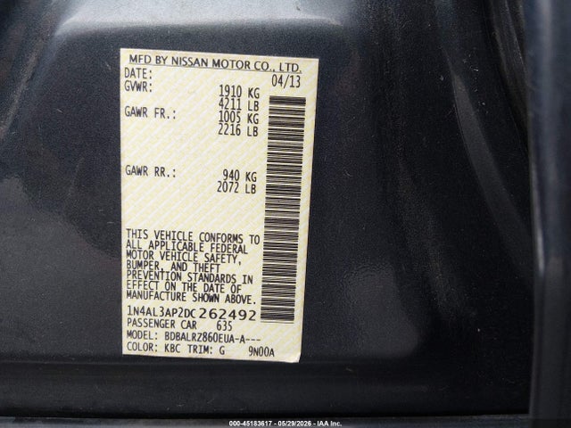 Aukcja sprzedaży 2013 Nissan Altima 2.5 S, vin: 1N4AL3AP2DC262492, numer aukcji: 45183617