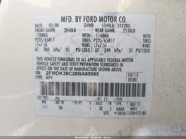 Продаж на аукціоні авто 2008 Ford Edge Sel, vin: 2FMDK38C28BA85585, номер лоту: 45183620