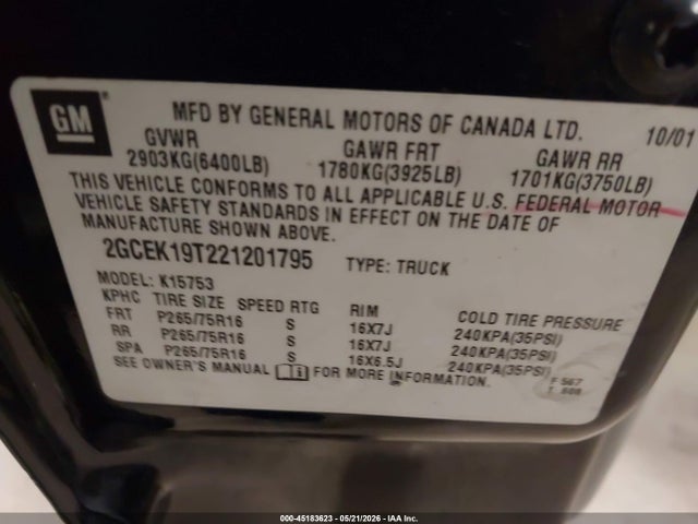 Продаж на аукціоні авто 2002 Chevrolet Silverado 1500 Lt, vin: 2GCEK19T221201795, номер лоту: 45183623