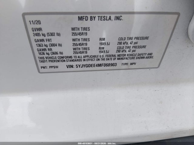 45183631 :رقم المزاد ، 5YJYGDEE4MF068903 vin ، 2021 Tesla Model Y Long Range Dual Motor All-wheel Drive مزاد بيع