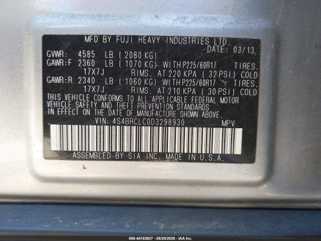 45183637 :رقم المزاد ، 4S4BRCLC0D3298930 vin ، 2013 Subaru Outback 2.5i Limited مزاد بيع