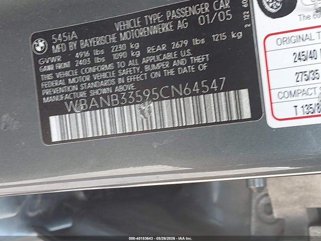 45183643 :رقم المزاد ، WBANB33595CN64547 vin ، 2005 Bmw 545i مزاد بيع