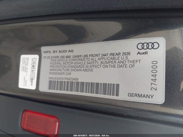 Aukcja sprzedaży 2023 Audi A4 Premium Plus 45 Tfsi S Line Quattro S Tronic, vin: WAUEAAF41PN023459, numer aukcji: 45183673