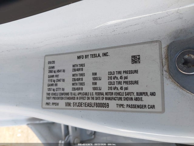 5YJ3E1EA5LF800059 Tesla Model 3 Standard Range Plus Rear-wheel Drive/standard Range Rear-wheel Drive