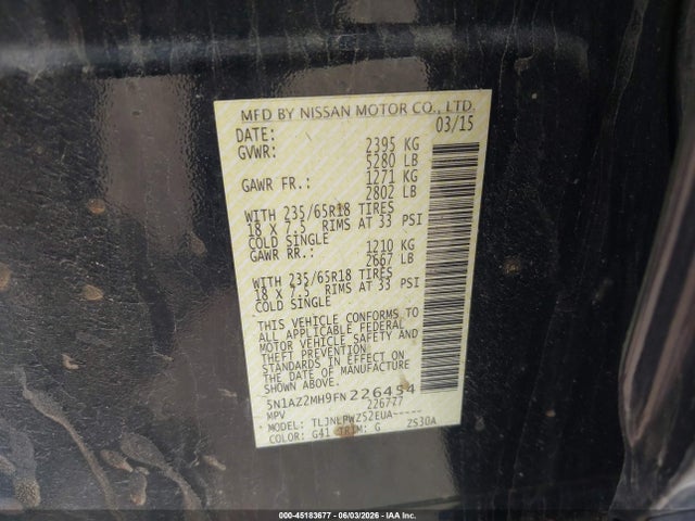 5N1AZ2MH9FN226454 Nissan MURANO S