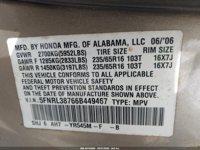 Продажа на аукционе авто 2006 Honda Odyssey Ex-l, vin: 5FNRL38766B449467, номер лота: 45183680