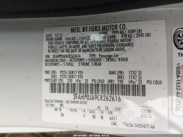 Aukcja sprzedaży 2012 Ford Fusion Sel, vin: 3FAHP0JA9CR262616, numer aukcji: 45183683