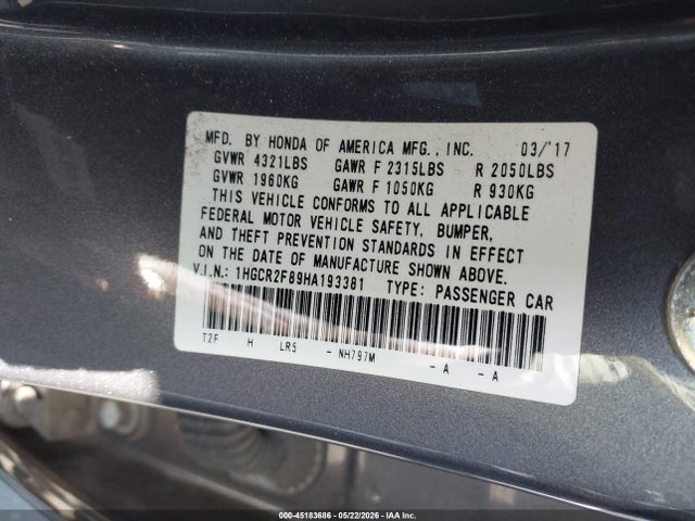 1HGCR2F89HA193381 Honda Accord Ex-l