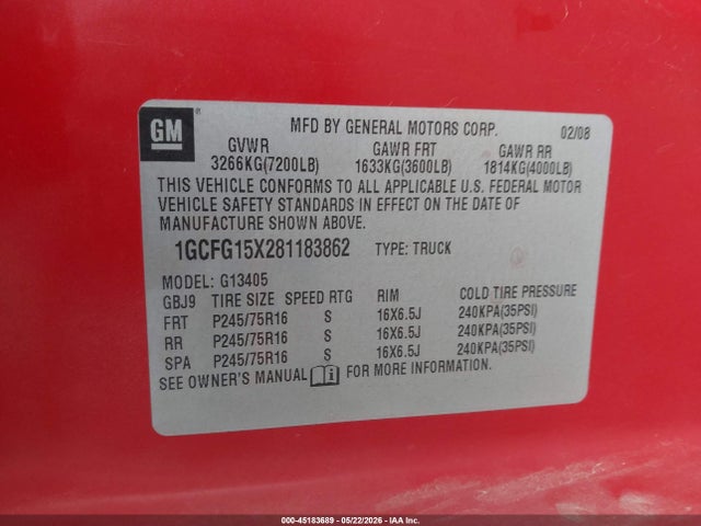 Aukcja sprzedaży 2008 Chevrolet Express Work Van, vin: 1GCFG15X281183862, numer aukcji: 45183689
