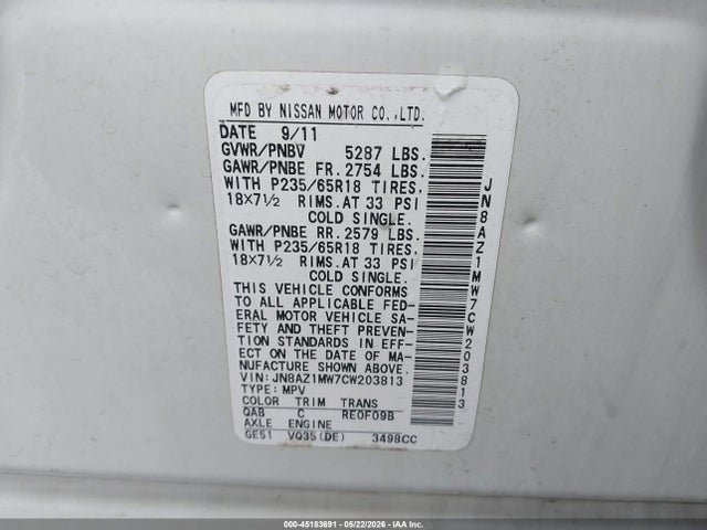 Продажа на аукционе авто 2012 Nissan Murano Sl, vin: JN8AZ1MW7CW203813, номер лота: 45183691