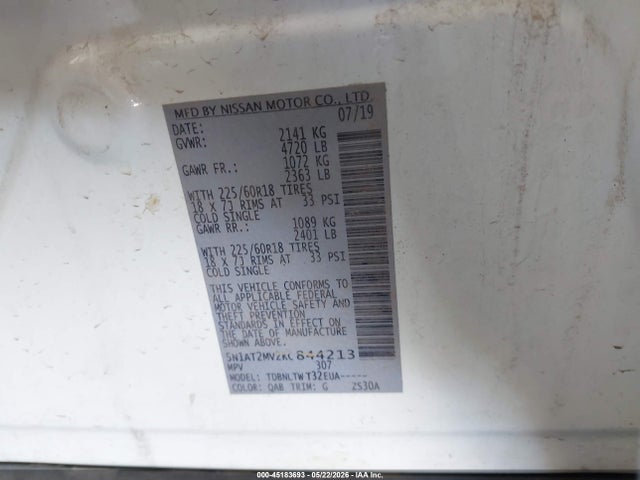 Aukcja sprzedaży 2019 Nissan Rogue Sv, vin: 5N1AT2MV2KC844213, numer aukcji: 45183693
