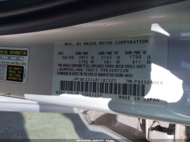 Auction sale of the 2008 Mazda 3 S, vin: JM1BK323481187325, lot number: 45183708