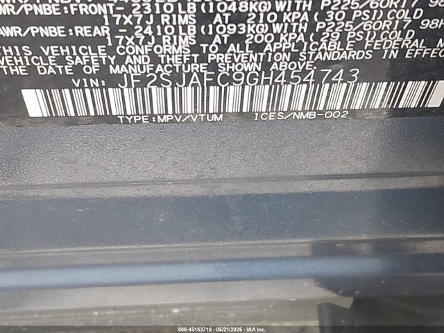 45183710 :رقم المزاد ، JF2SJAFC9GH454743 vin ، 2016 Subaru Forester 2.5i Premium مزاد بيع