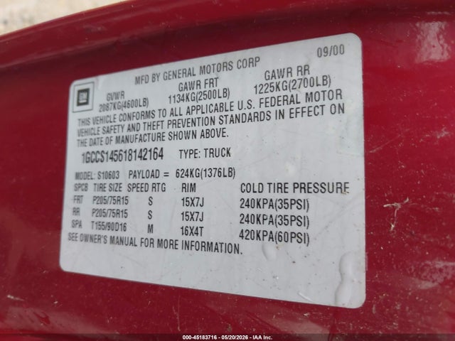 2001 Chevrolet S-10 მანქანა იყიდება აუქციონზე, vin: 1GCCS145618142164, აუქციონის ნომერი: 45183716