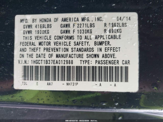 Aukcja sprzedaży 2014 Honda Accord Lx-s, vin: 1HGCT1B37EA012988, numer aukcji: 45183735