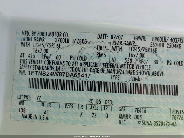 2007 Ford E-250 Commercial/recreational მანქანა იყიდება აუქციონზე, vin: 1FTNS24W87DA65417, აუქციონის ნომერი: 45183741