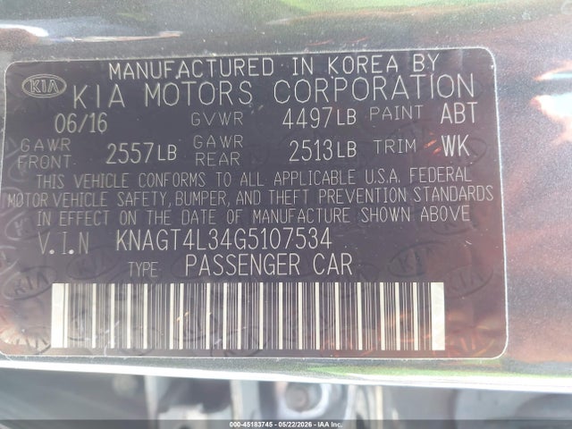 Продажа на аукционе авто 2016 Kia Optima Lx, vin: KNAGT4L34G5107534, номер лота: 45183745
