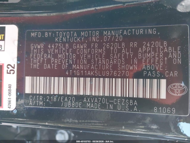 Aukcja sprzedaży 2020 Toyota Camry Se, vin: 4T1G11AK5LU976270, numer aukcji: 45183753