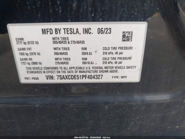 45183754 :رقم المزاد ، 7SAXCDE51PF404327 vin ، 2023 Tesla Model X Dual Motor All-wheel Drive/standard Range مزاد بيع