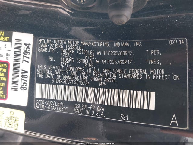 Aukcja sprzedaży 2014 Toyota Sienna Xle V6 8 Passenger, vin: 5TDYK3DC7ES515794, numer aukcji: 45183766
