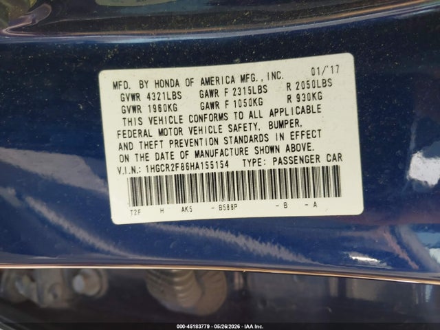 Продаж на аукціоні авто 2017 Honda Accord Ex-l, vin: 1HGCR2F86HA155154, номер лоту: 45183779