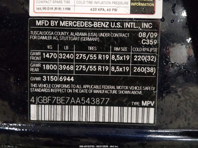 Продаж на аукціоні авто 2010 Mercedes-benz Gl 450 4matic, vin: 4JGBF7BE7AA543877, номер лоту: 45183782