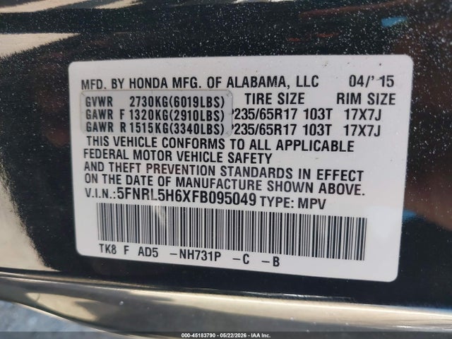 Honda Odyssey Ex-l 2015 5FNRL5H6XFB095049 Image 9