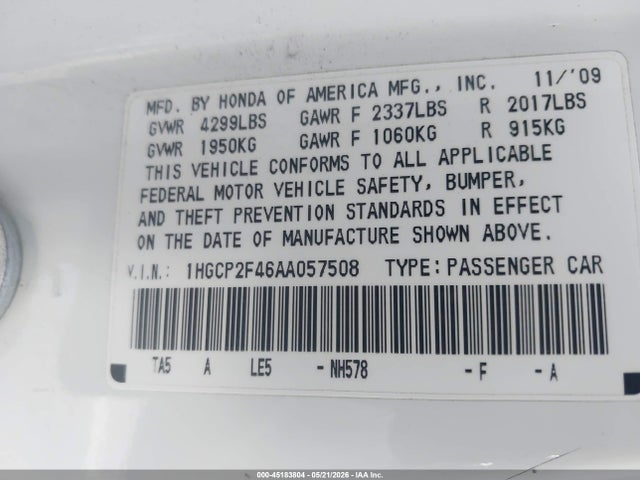 45183804 :رقم المزاد ، 1HGCP2F46AA057508 vin ، 2010 Honda Accord 2.4 Lx-p مزاد بيع