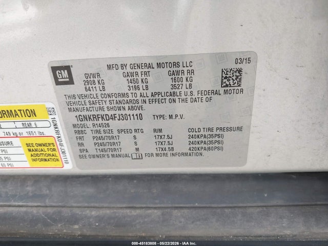 Продажа на аукционе авто 2015 Chevrolet Traverse Ls, vin: 1GNKRFKD4FJ301110, номер лота: 45183808