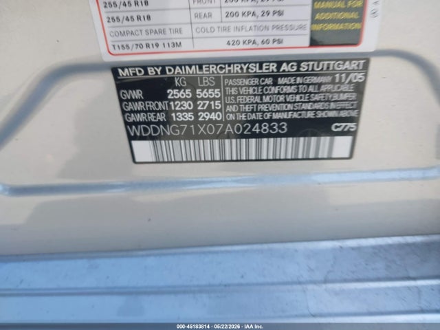 Aukcja sprzedaży 2007 Mercedes-benz S 550, vin: WDDNG71X07A024833, numer aukcji: 45183814