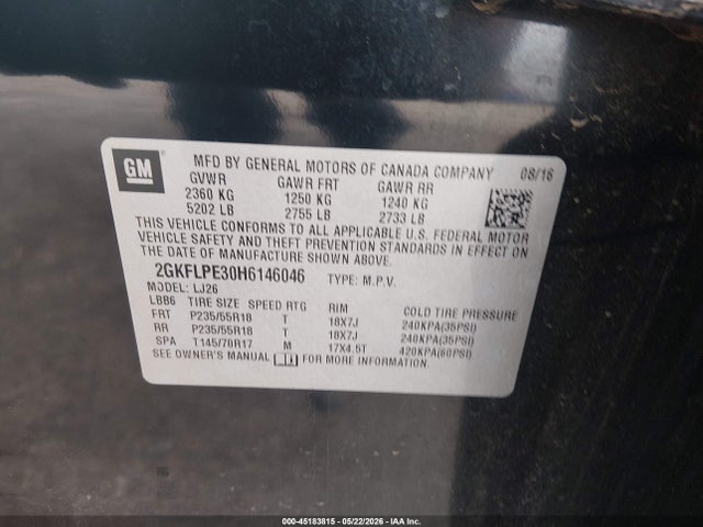 Aukcja sprzedaży 2017 Gmc Terrain Slt, vin: 2GKFLPE30H6146046, numer aukcji: 45183815