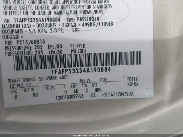 Aukcja sprzedaży 2004 Ford Taurus Se, vin: 1FAFP53254A190884, numer aukcji: 45183829