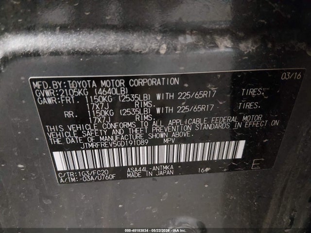 2016 Toyota Rav4 Xle მანქანა იყიდება აუქციონზე, vin: JTMRFREV5GD191089, აუქციონის ნომერი: 45183834